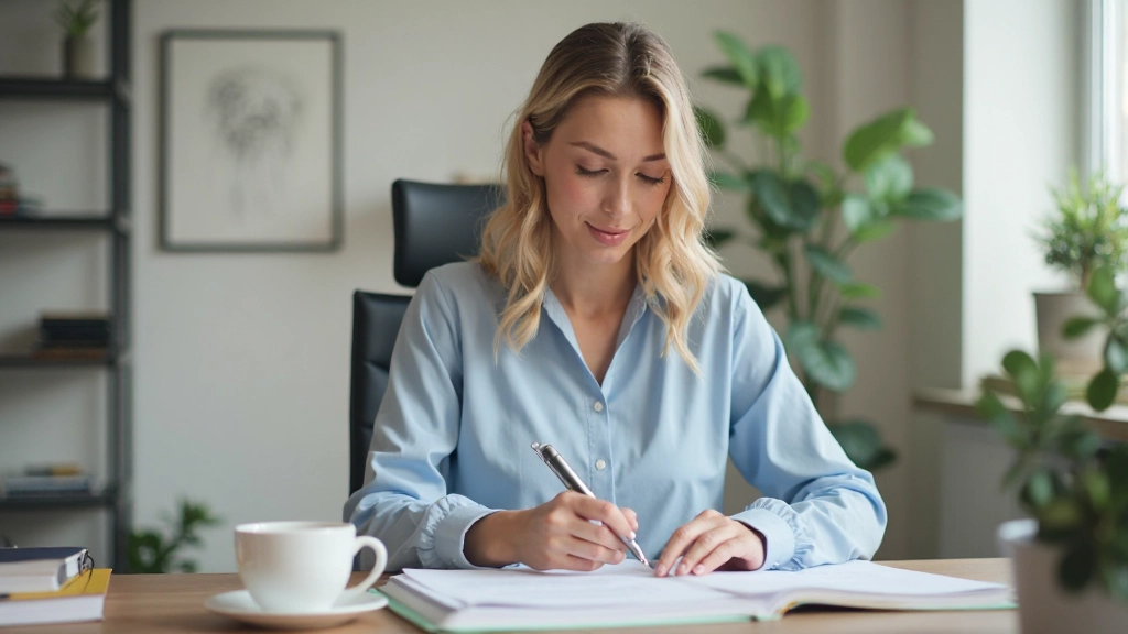Georganiseerd bureau met planner, potloden en kopje thee op witte achtergrond